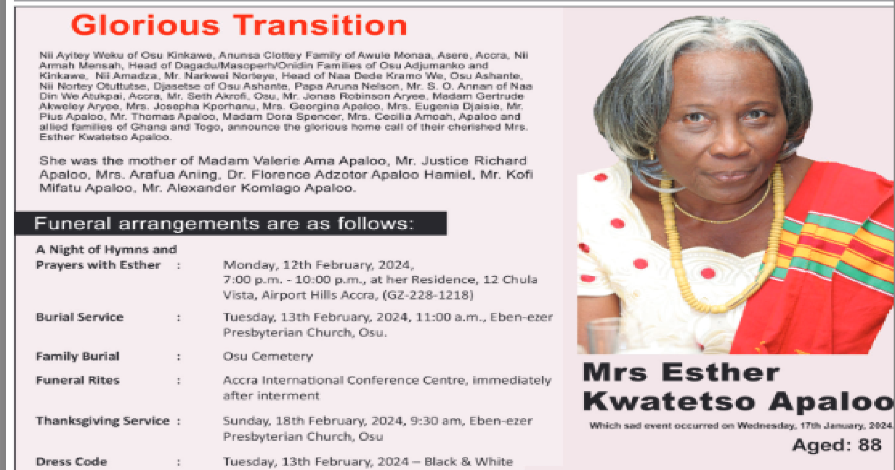 Mrs. Esther Kwatetso Apaloo